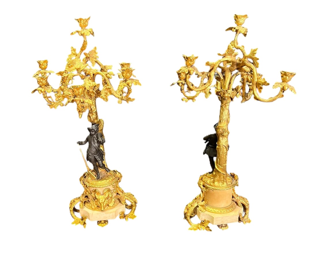 PAIR 19th C. FRENCH GILT BRONZE MARBLE CANDELABRA: PAIR OF 19th C. FRENCH GILT BRONZE & MARBLE CANDELABRA WITH SIX LIGHTS. Height: 30 in. by Width: 17 in. by Depth: 17 in.