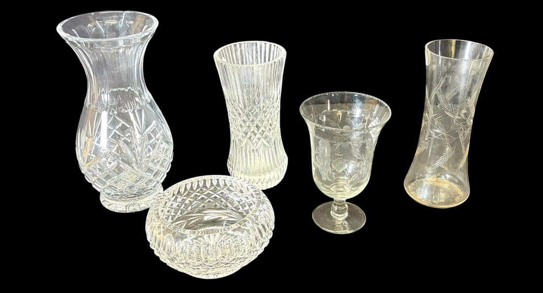 2 CRYSTAL VASES, 2 ETCHED GLASS VASES,CRYSTAL BOWL (1 of 6)