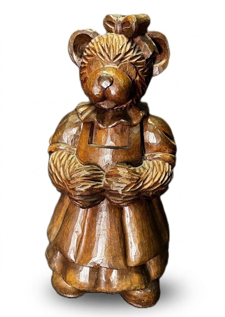 CARVED WOOD BEAR: CARVED WOOD BEAR. Height: 25 in. by Width: 12 in.