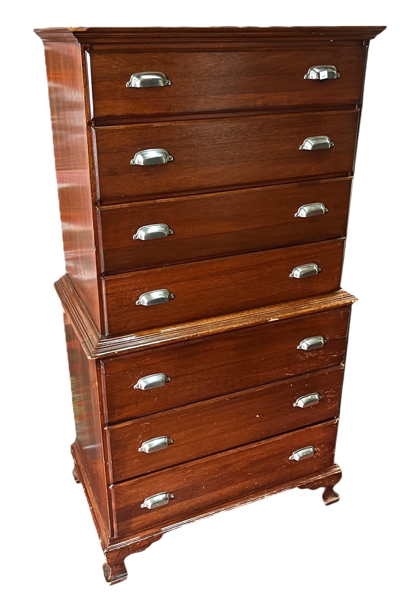 WOODEN HIGHBOY DRESSER WITH SILVER HARDWARE: WOODEN HIGHBOY DRESSER WITH SILVER HARDWARE. Height: 58 in. by Width: 30 in. by Depth: 19 in.