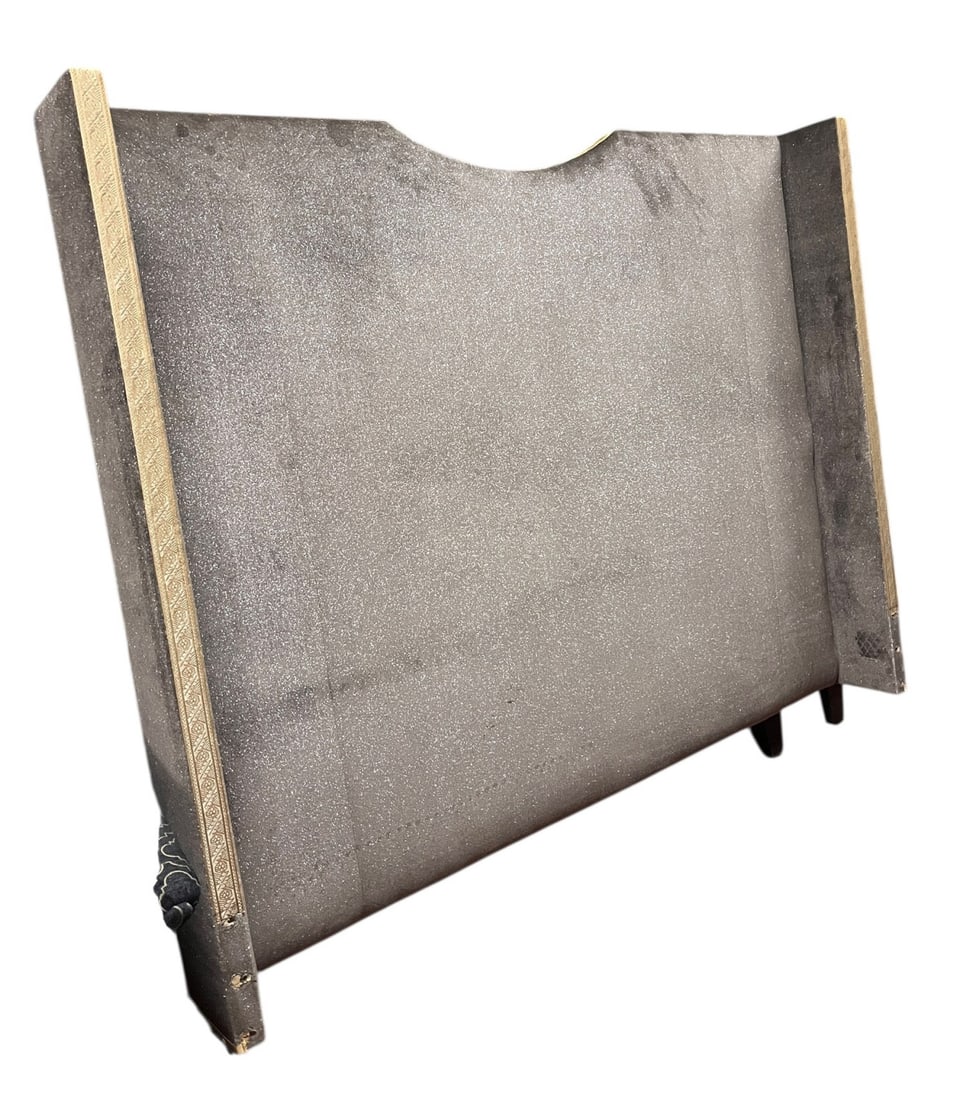 CONTEMPORARY GRAY VELVET SPARKLE WING KING BED: CONTEMPORARY GRAY VELVET SPARKLE WING KING SIZE BED. Height: 74 in. by Width: 82 in.
