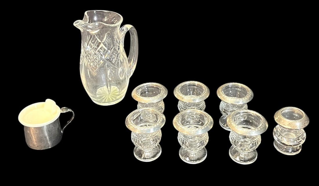 WATERFORD CRYSTAL PITCHER, STERLING SILVER CUP, (1 of 6)