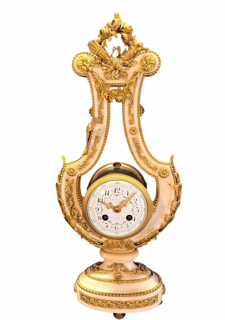 19th CENTURY GILT BRONZE & MARBLE MANTLE CLOCK: 19th CENTURY GILT BRONZE & MARBLE MANTLE CLOCK. Height: 20 in. by Width: 9 in. by Depth: 3.5 in.