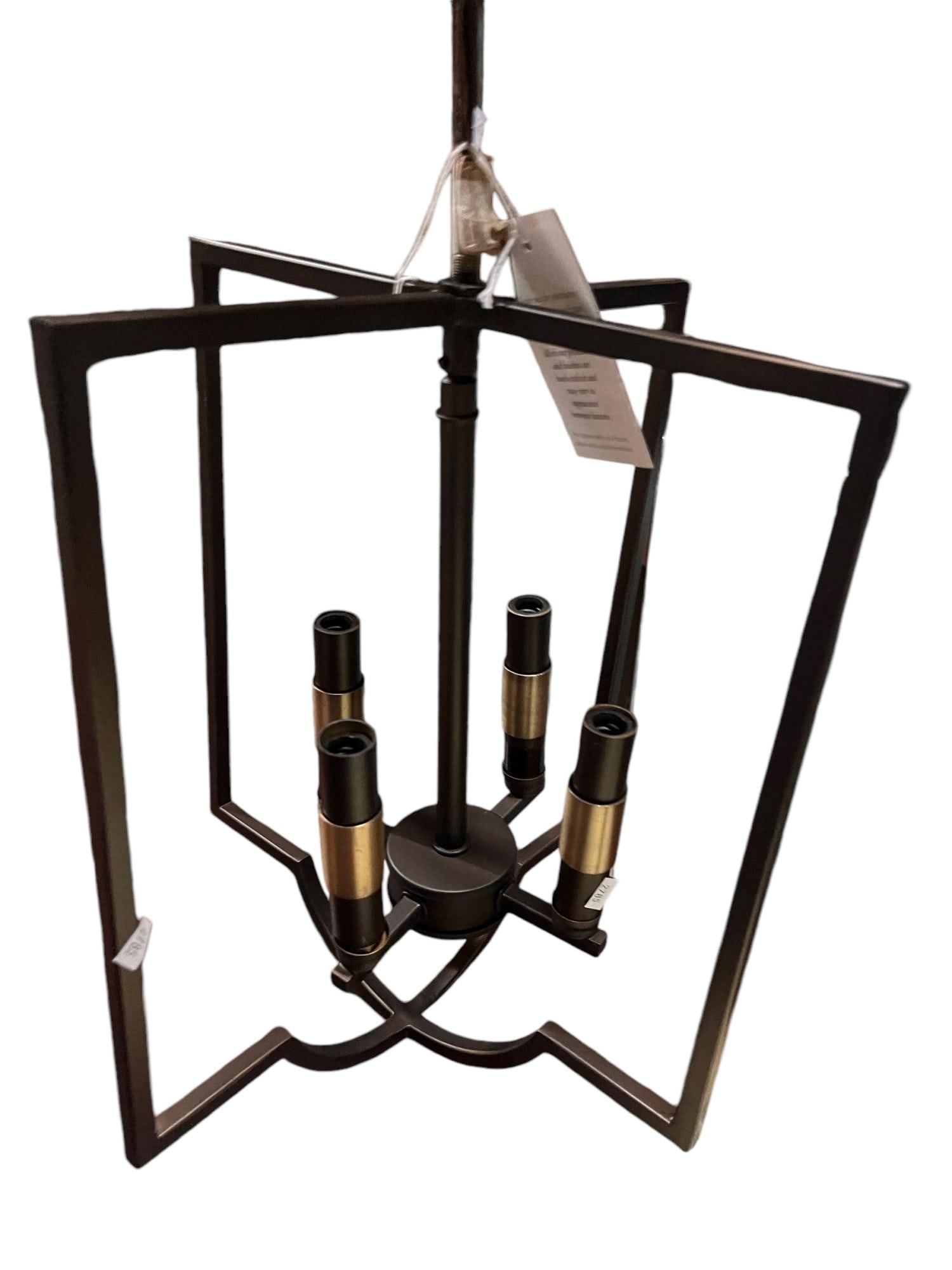 CONTEMPORY BRONZE LANTERN FIXTURE: CONTEMPORARY BRONZE LANTERN FIXTURE. 4 CANDLESTICKS FOR LIGHT BULBS. Height: 15.5 in. by Width: 10 in.