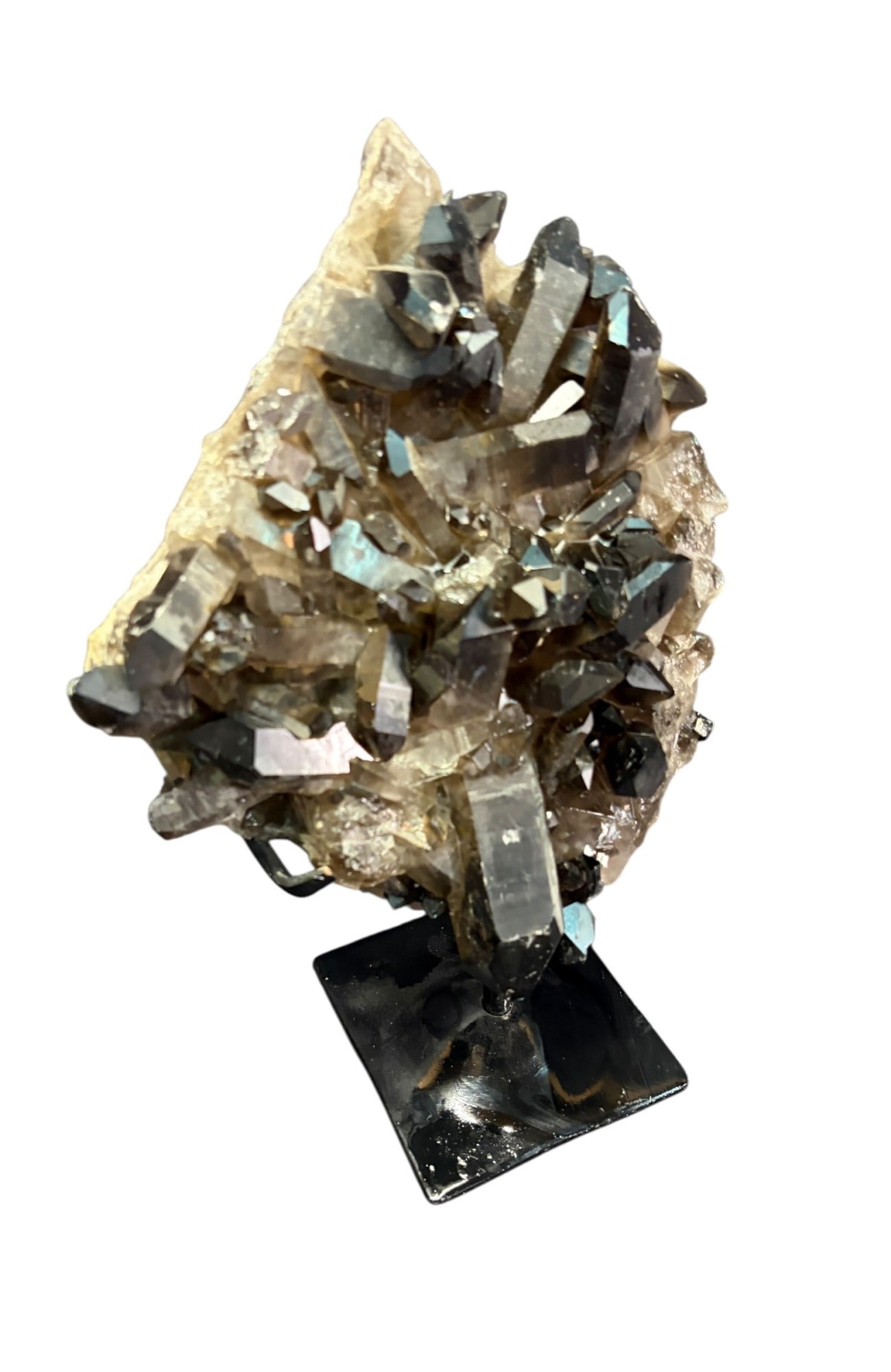 SMOKEY QUARTZ ON IRON STAND: SMOKEY QUARTZ ON IRON STAND 4.2lbs $128.75 Height: 10 in. by Width: 8 in. by Depth: 3 in.