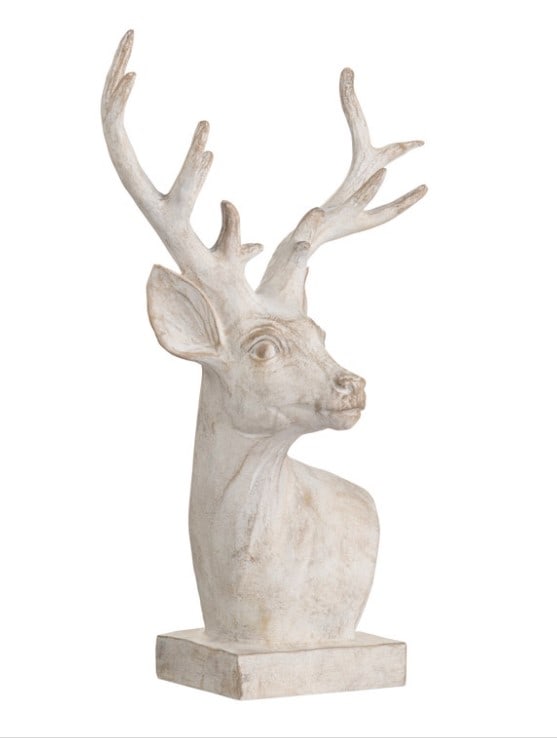 DEER SCULPTURE HAND-MOLDED RESIN: DEER SCULPTURE FINISHED WITH A SOFT WHITEWASH. Height: 25 in. by Width: 7.5 in. by Depth: 6.5 in.