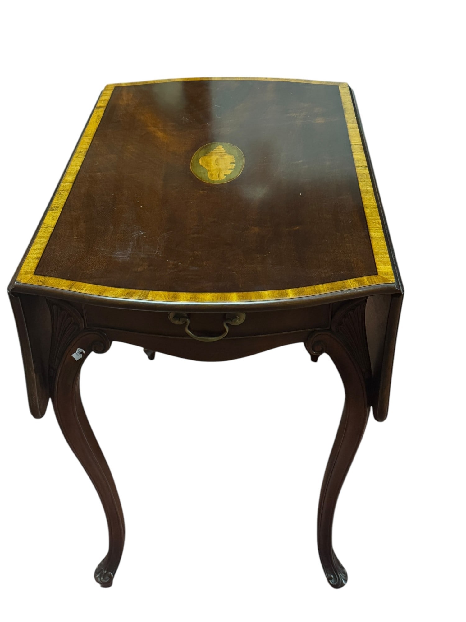 VERY FINE ENGLISH MAHOGANY PEMBROKE: VERY FINE ENGLISH MAHOGANY PEMBROKE TABLE WITH SATINWOOD INLAY. Height: 28 in. by Width: 37.5 & 20 in. by Depth: 30.75 in.
