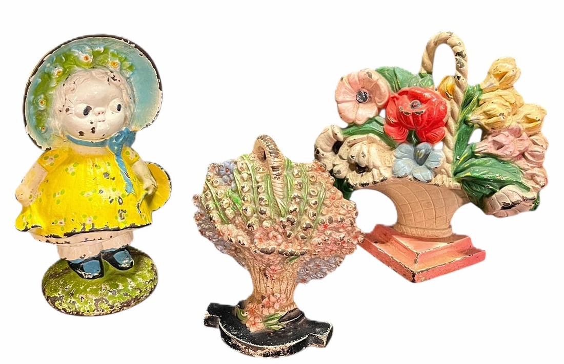 THREE ANTIQUE ENAMELED CAST IRON FIGURES (1 of 4)