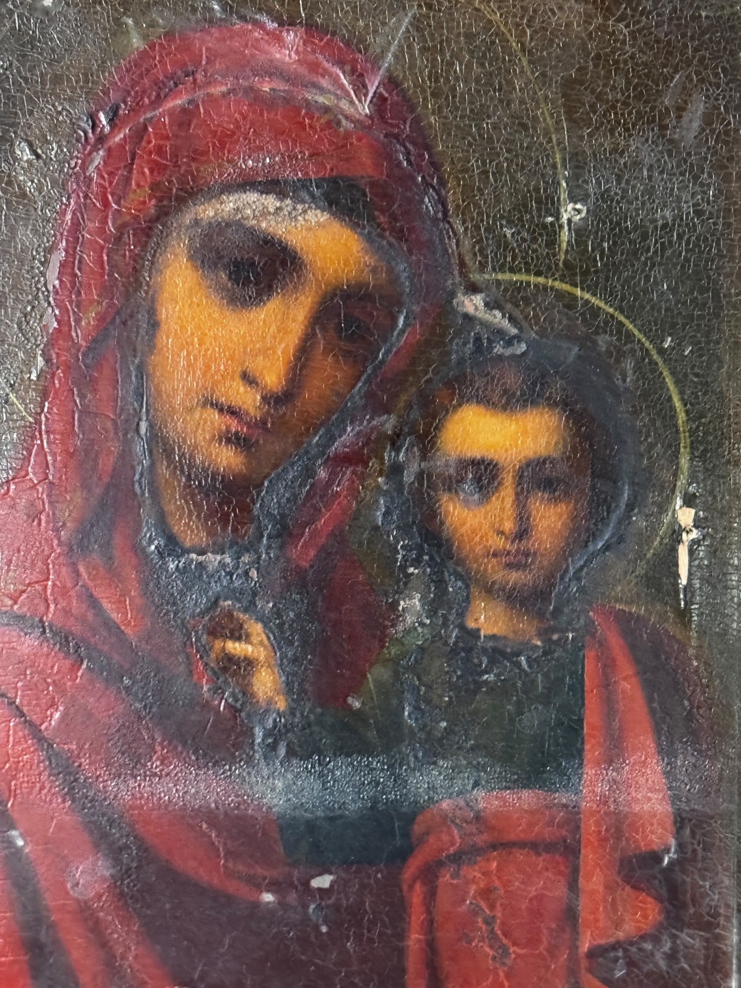 19th CENTURY RUSSIAN MADONNA & CHILD OIL ON WOOD: 19th CENTURY RUSSIAN MADONNA & CHILD OIL ON WOOD ICON. Height: 11 in. by Width: 9 in.