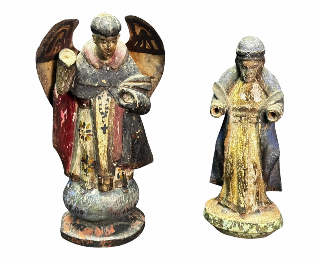 LOT OF TWO ANTIQUE POLYCHROME SANTOS: LOT OF TWO ANTIQUE POLYCHROME SANTOS. Height: 12 in. by Width: 6 in. by Depth: 3.5 in.