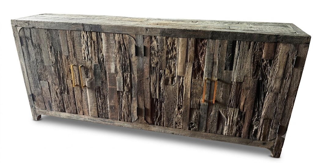 RECLAIMED WOOD FOUR DOOR SIDEBOARD: RECLAIMED WOOD 4 DOOR SIDEBOARD. Height: 36 in. by Width: 84 in. by Depth: 16 IN.
