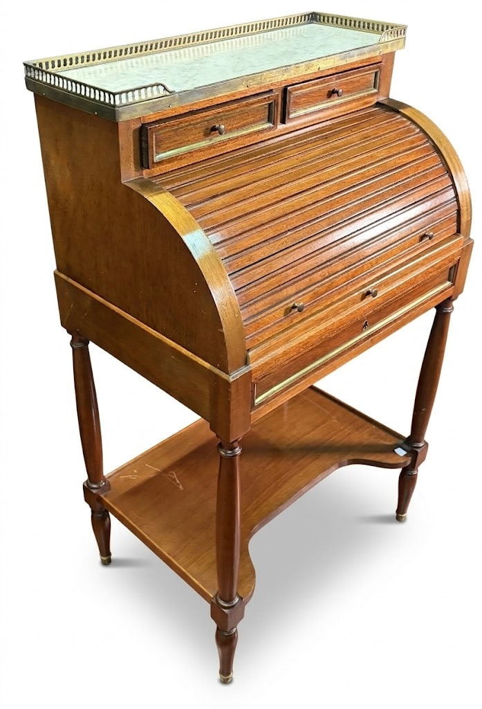 LOUIS XVI KINGWOOD CYLINDER DESK: LOUIS XVI KINGWOOD CYLINDER DESK WITH WRITING SLIDE. Height: 40 in. by Width: 24 in. by Depth: 16 in.