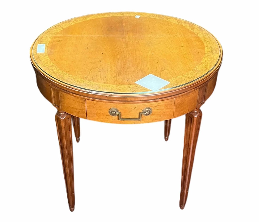 BAKER MAHOGANY TABLE WITH GLASS TOP: BAKER MAHOGANY TABLE WITH GLASS TOP. Height: 24 in. by Width: 26 in. by Depth: 26 in.