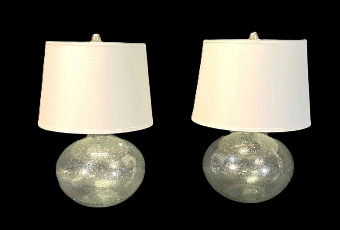 PAIR OF ROUND GLASS TABLE LAMPS: PAIR OF ROUND GLASS TABLE LAMPS. Height: 22 in. by Width: 13 in. by Depth: 13 in.