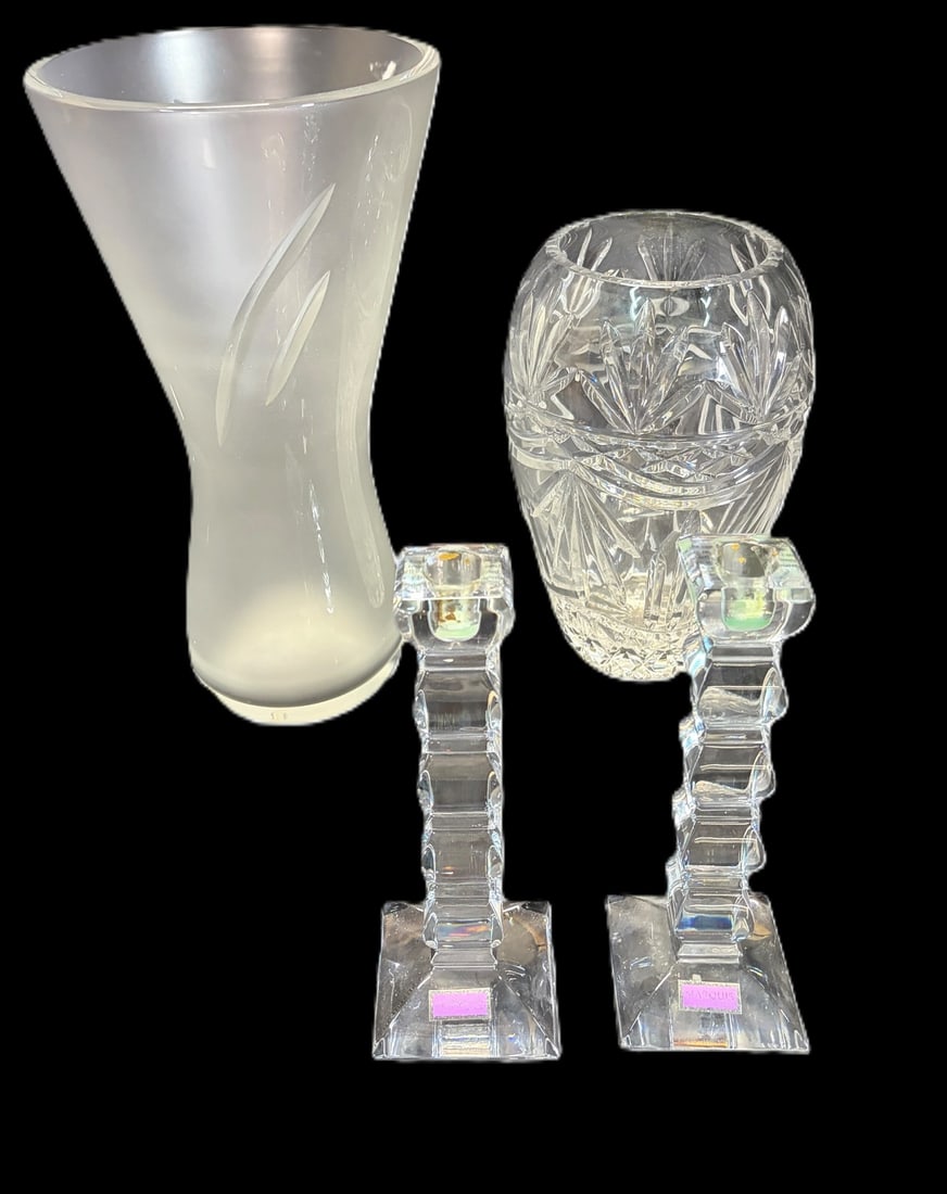 LOT OF FOUR GLASS/CRYSTAL ITEMS: LOT OF FOUR GLASS/CRYSTAL ITEMS. CRYSTAL VASE (10"h x 7" round), LARGE GLASS VASE (14"h x 7.25" round), PAIR OF WATERFORD "MARQUIS" CANDLESTICKS (9"h x 3" square)