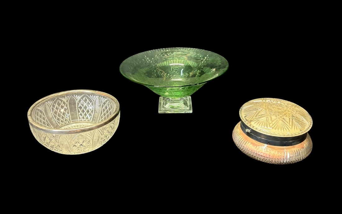 GREEN GLASS CUT BOWL, CRYSTAL BOWL AND CONTAINER: GREEN GLASS CUT PEDESTAL BOWL, CRYSTAL BOWL WITH SILVER RIM, AND CRYSTAL BLUSH CONTAINER Height: 5.2 in. by Width: 12 in. by Depth: 12 in.