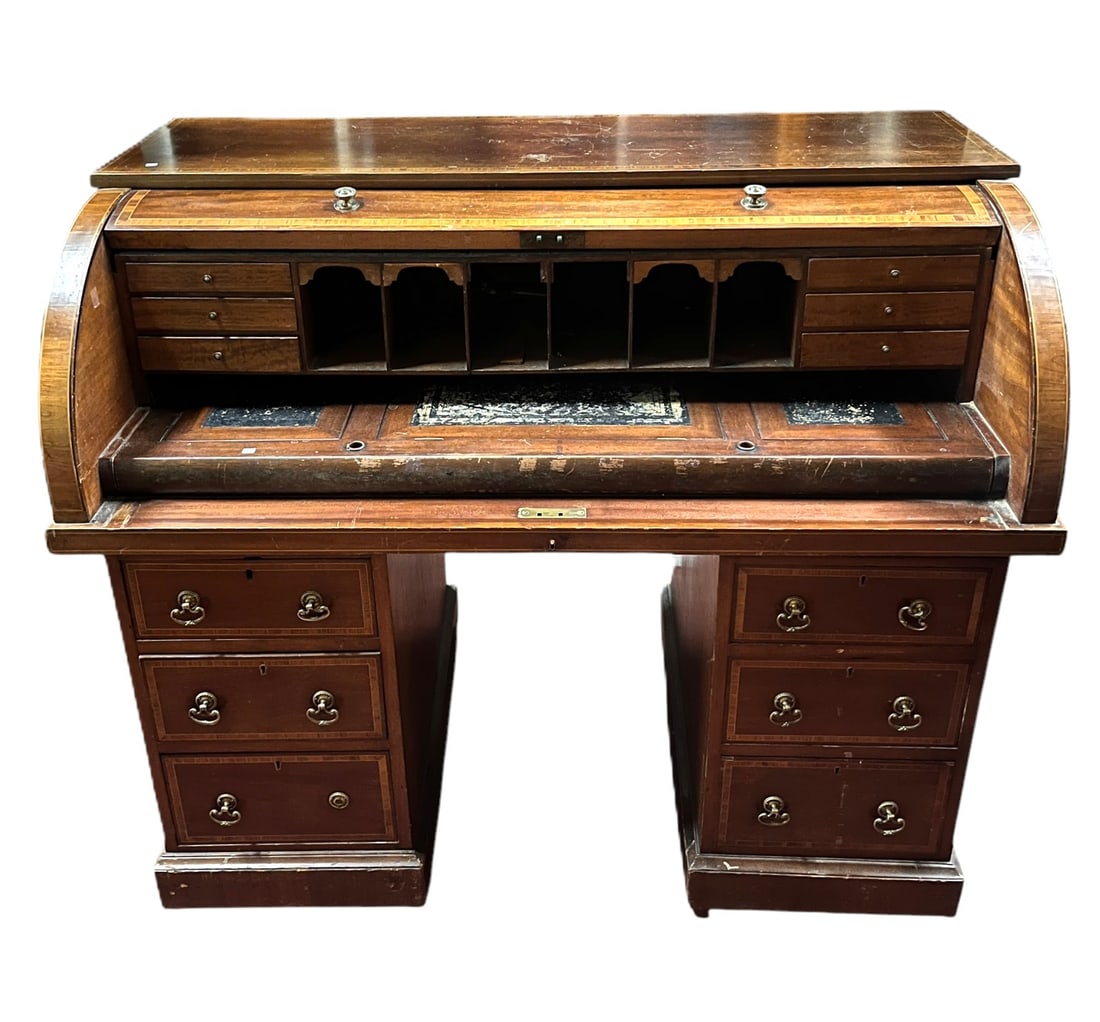 ANTIQUE MAHOGANY CYLINDER ROLL DESK: ANTIQUE MAHOGANY CYLINDER ROLL DESK. Height: 44 in. by Width: 53 in. by Depth: 29 in.