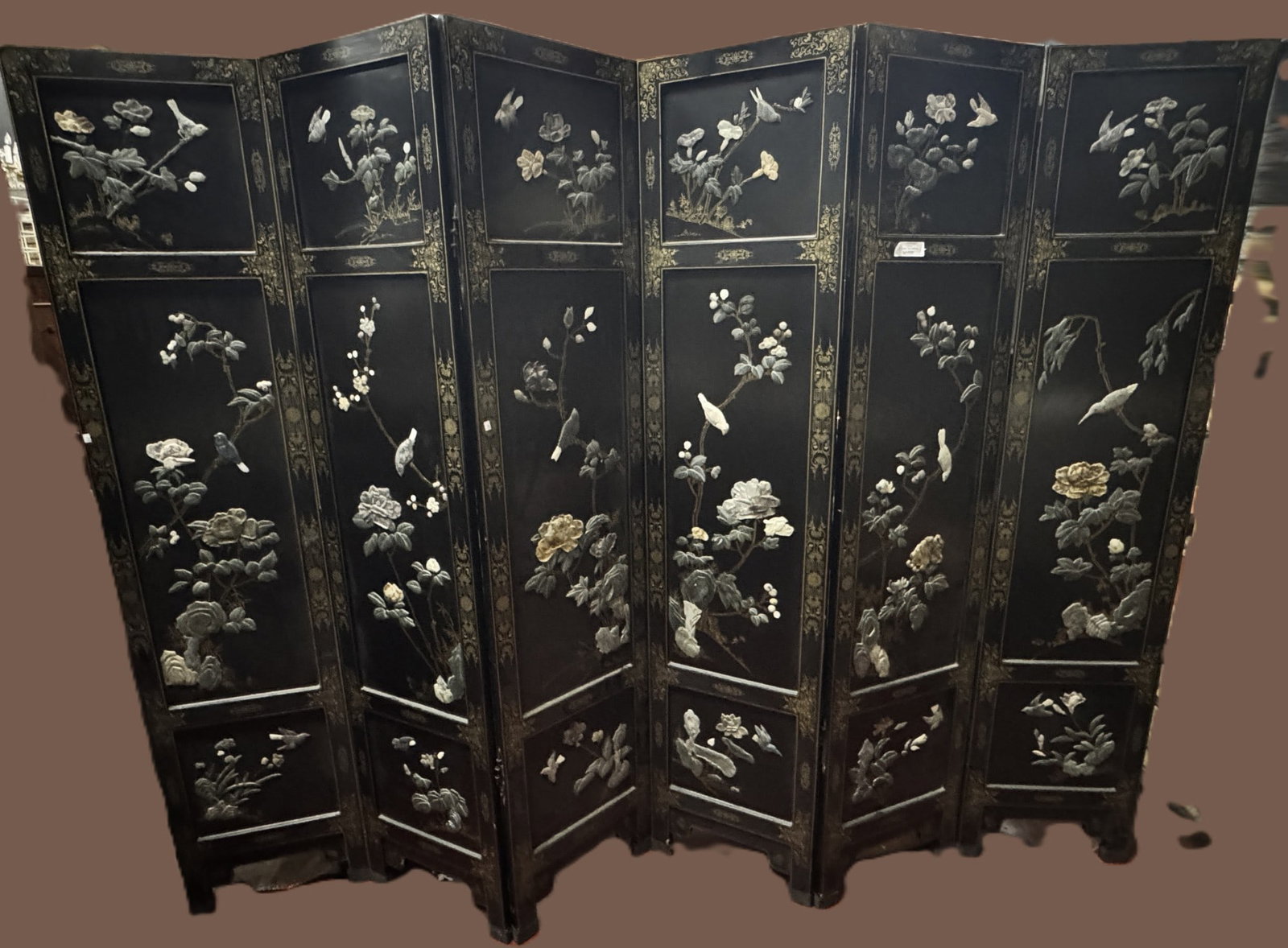 CHINESE 6 PANEL SCREEN WITH JADE: CHINESE 6 PANEL SCREEN WITH JADE 16" X 6 X 72" Height: 72
