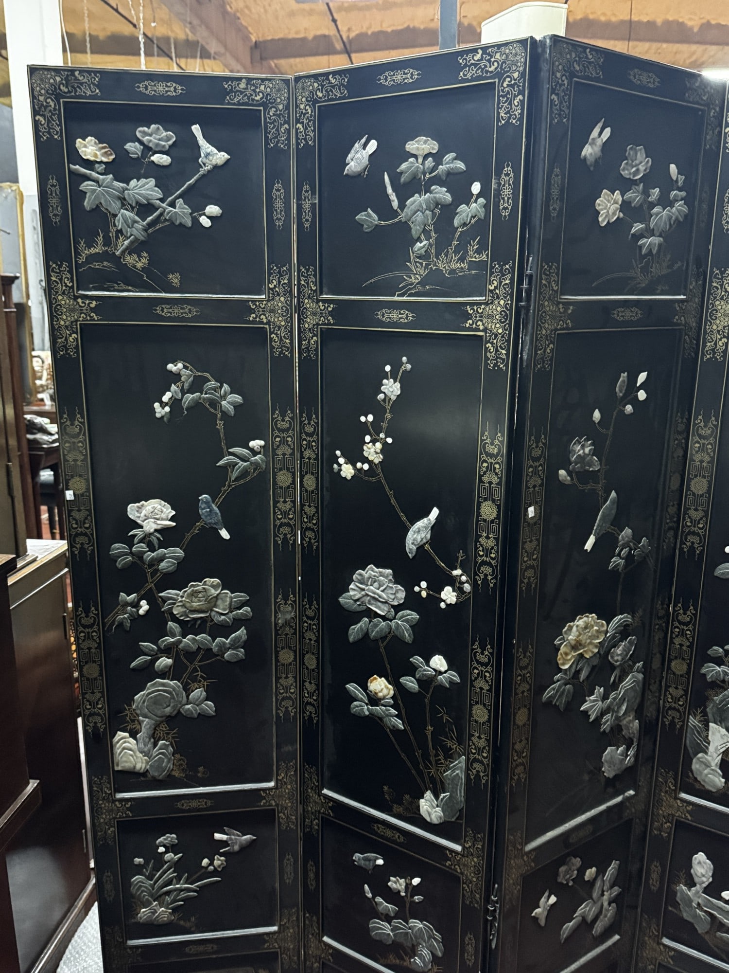 CHINESE 6 PANEL SCREEN WITH JADE - 4