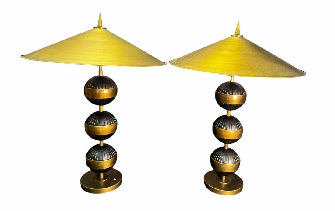 PR OF BRASS BAL LAMPS WITH METAL COOLY HAT SHADES (1 of 3)