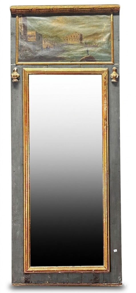 18TH C. ITALIAN TRUMEAU WITH BAY SCENE OIL: 18TH C. ITALIAN TRUMEAU WITH BAY SCENE OIL ON CANVAS. MIRROR DONE IN 2 PIECES TO AVOID TAX PENALTY . Height: 58 in. by Width: 23 in. by Depth: 1.5 in.