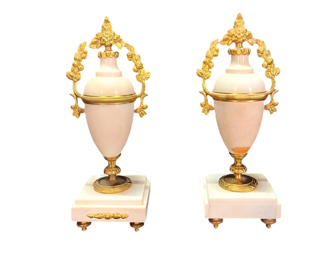 PAIR OF ANTIQUE LOUIS XVI STYLE GILT BRASS URNS: PAIR OF ANTIQUE LOUIS XVI STYLE MARBLE & GILT BRASS LIDDED URNS. Height: 10.5 in. by Width: 4 in. by Depth: 3.5 in.