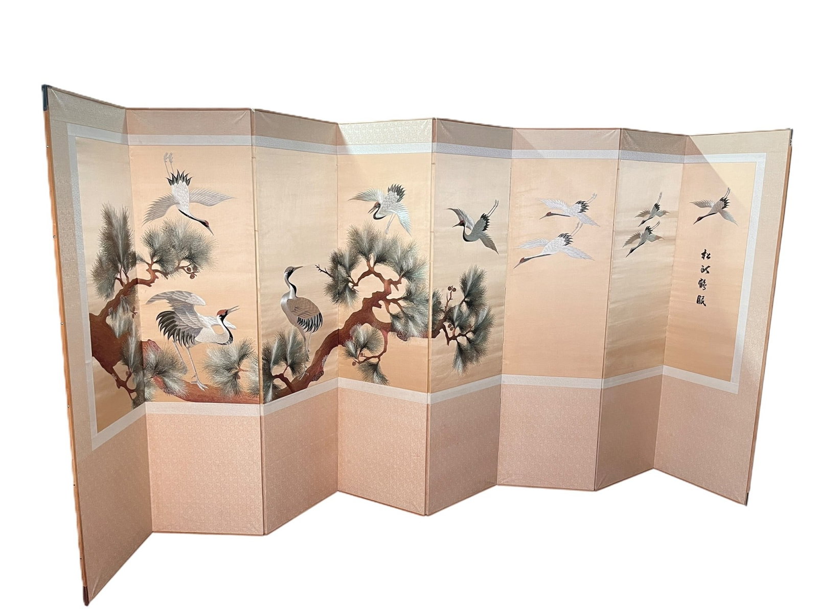 JAPANESE SILK STITCHED EIGHT-PANEL SCREEN (1 of 8)