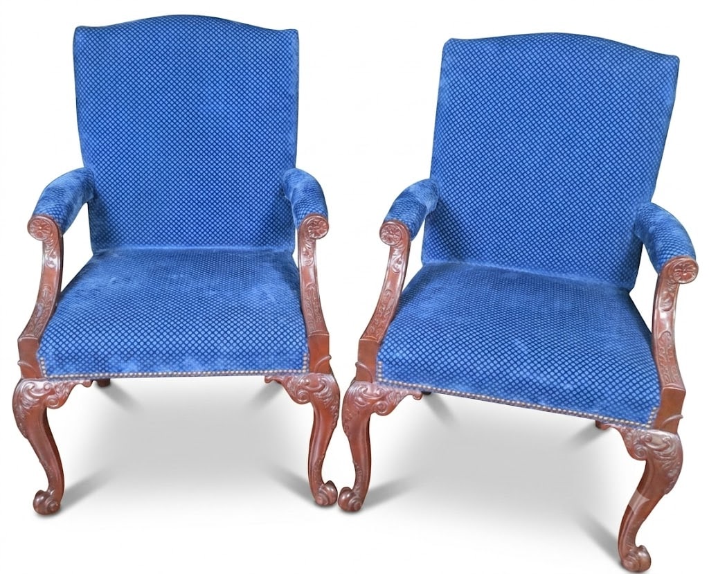 PR BLUE UPHOLSTERED ARMCHAIRS ON BALL AND CLAW FEE: PR BLUE UPHOLSTERED ARMCHAIRS RAISED ON BALL AND CLAW FEET