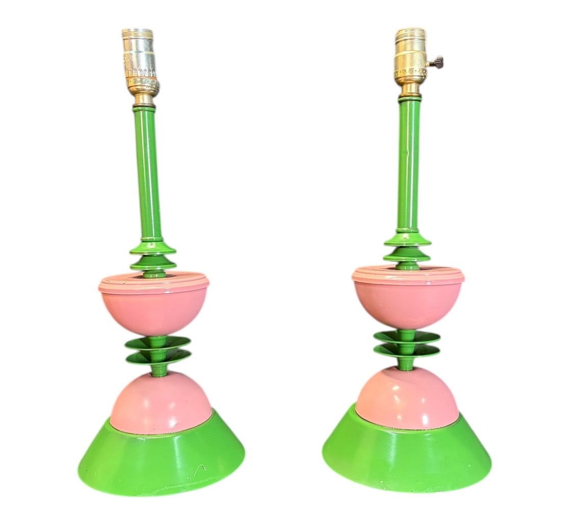 PAIR OF VINTAGE COLORFUL ART DECO LAMPS: PAIR OF VINTAGE COLORFUL ART DECO LAMPS/MEMPHIS STYLE LAMPS Height: 19 in. by Width: 17.5 in. by Depth: 17.5 in.