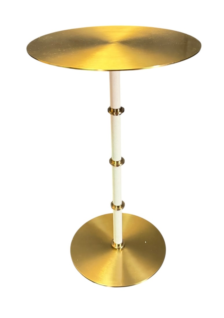 WHITE SHAGREN STYLE GOLD ACCENT COCKTAIL TABLE: WHITE SHAGREN STYLE GOLD ACCENT COCKTAIL TABLE Height: 24 in. by Width: 14 in. by Depth: 14 in.