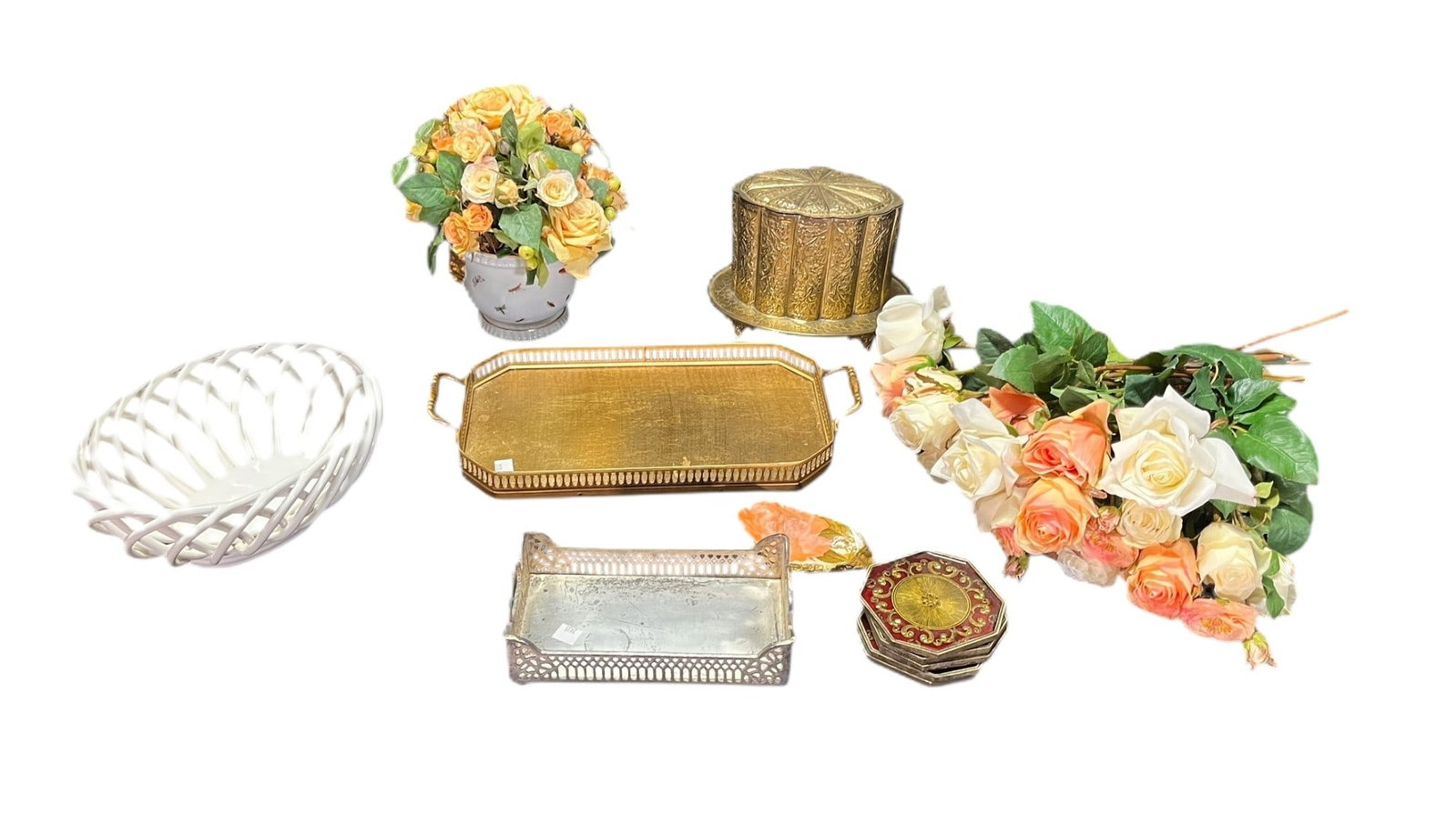TWO TRAYS, LIMOGE FLOWER POT, WHITE BOWL, FLOWERS (1 of 11)