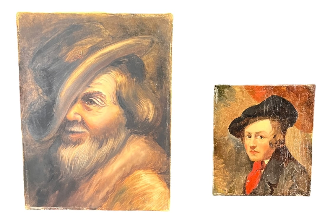19th C. TWO SELF PORTRAITS, OIL AND ACRYLIC: 19th C. TWO SELF PORTRAITS, OIL ON CANVAS AND ACRYLIC ON CANVAS. ONE PORTRAIT IS KARL KNIGER. Height: 7.5 in. by Width: 6.4 in.