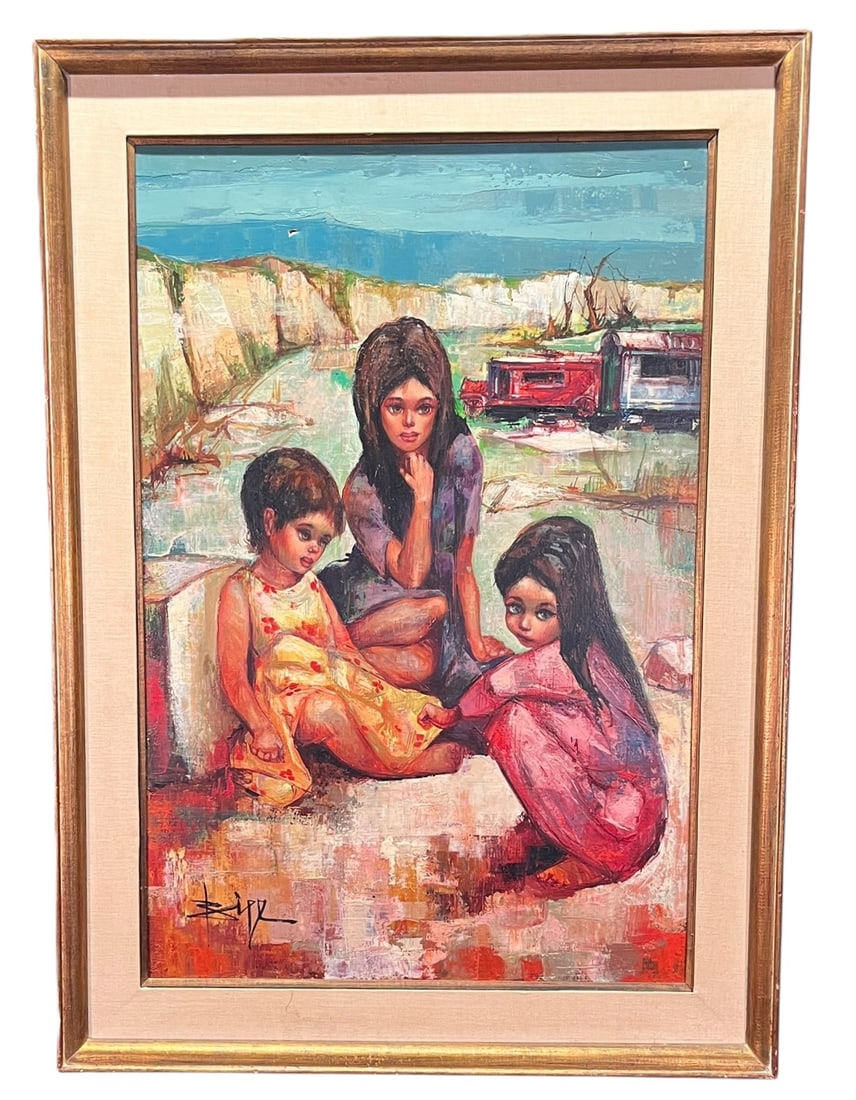 PAINTING OF MOTHER AND CHILDREN ON BEACH, SIGNED: PAINTING OF MOTHER AND CHILDREN ON BEACH, SIGNED BY LISTED ARTIST Height: 44 in. by Width: 32 in.