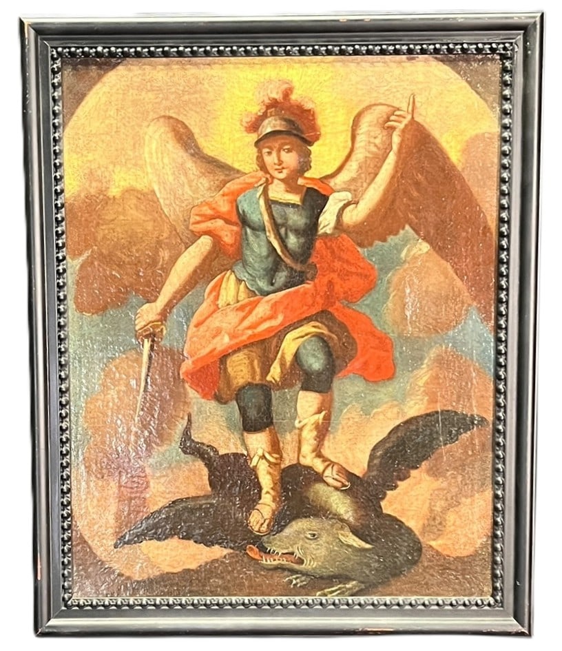 18TH CENTURY ST. MICHAEL PORTRAIT PAINTING: 18TH CENTURY ST. MICHAEL PORTRAIT PAINTING Height: 28 in. by Width: 23 in. by Depth: 2 in.