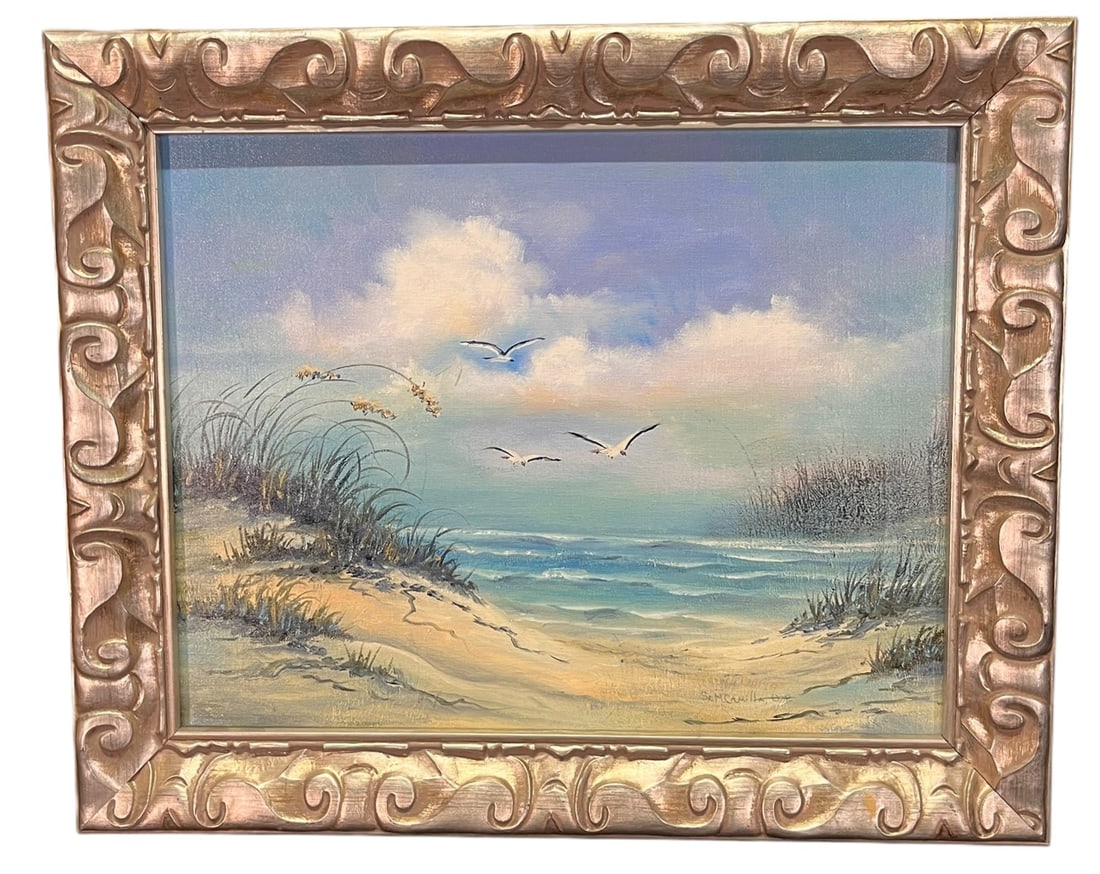 SEAGULLS ON BEACH LANDSCAPE PAINTING, SIGNED: SEAGULLS ON BEACH LANDSCAPE PAINTING, SIGNED Height: 18.5 in. by Width: 22 in.
