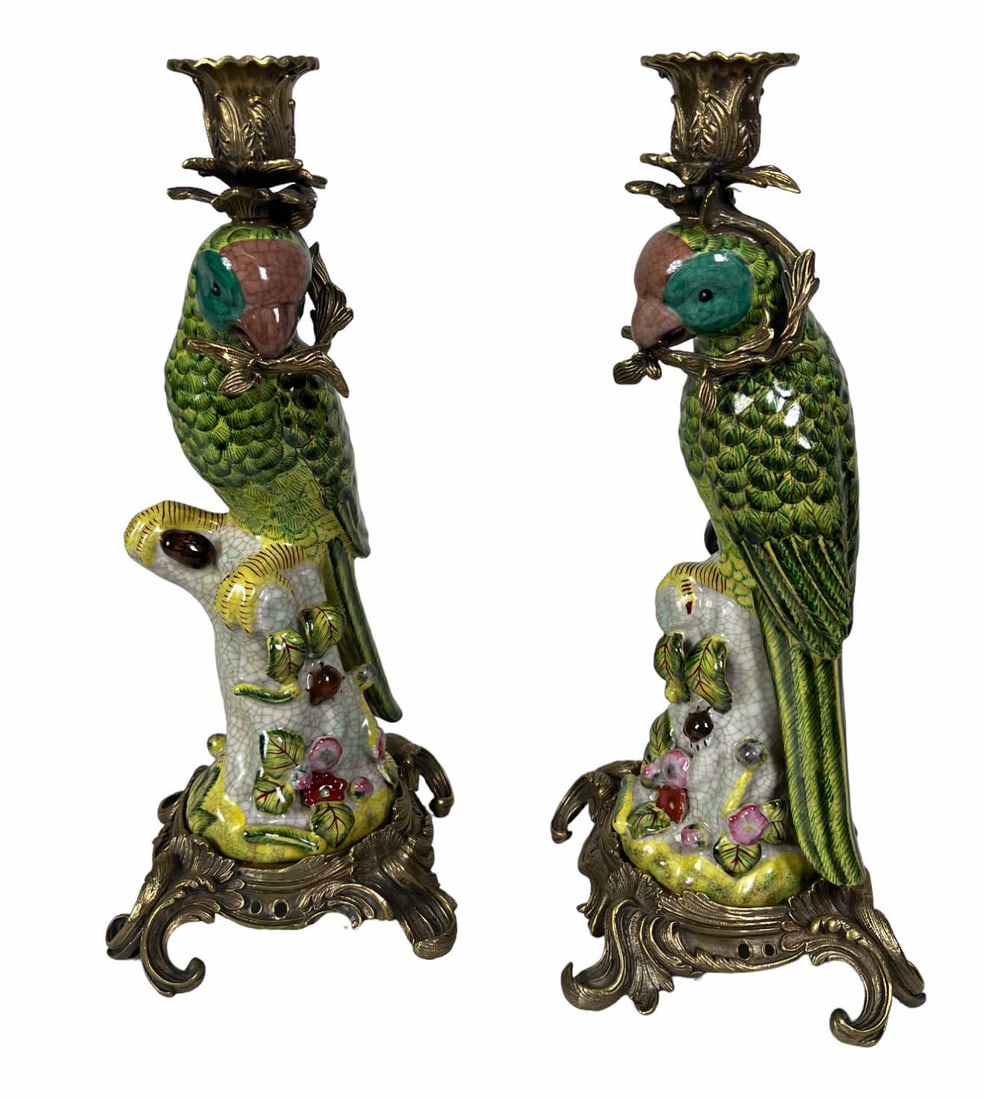 PAIR OF PARROT CANDLESTICKS WITH GILT BRONZE: PAIR OF PARROT CANDLESTICKS WITH GILT BRONZE MOUNTS. Height: 14.5 in. by Width: 8 in. by Depth: 8