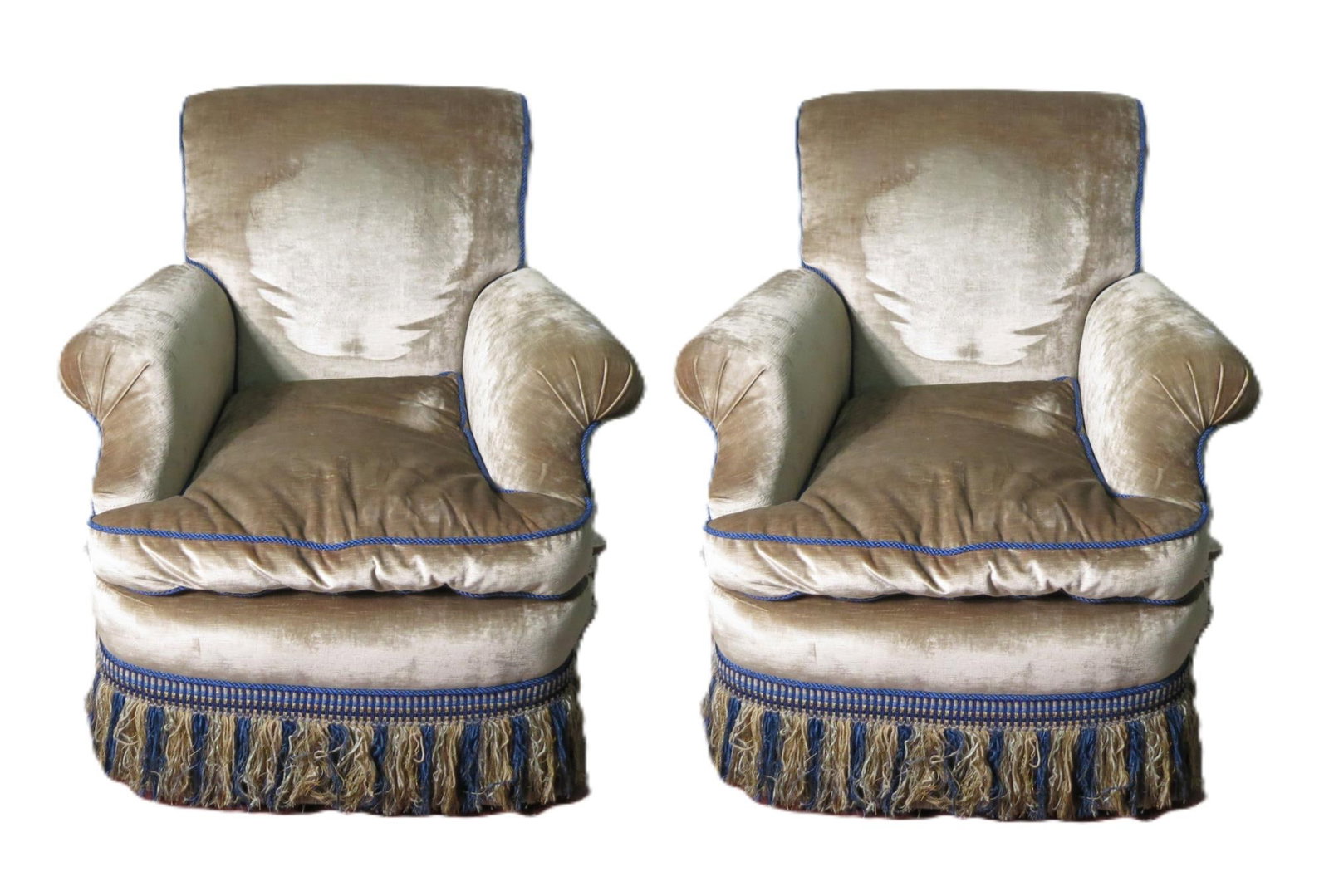 NICELY UPHOLSTERED CLUB CHAIRS WITH BLUE FRINGE: NICELY UPHOLSTERED CLUB CHAIRS WITH BLUE FRINGE