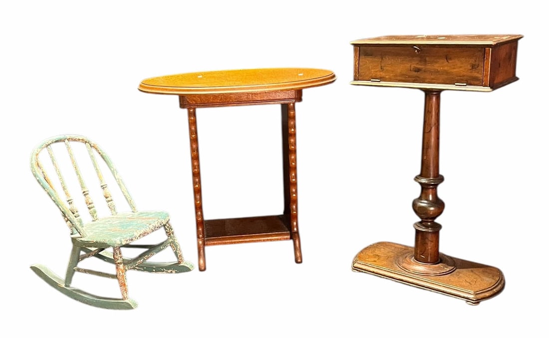 TWO SMALL SIDE TABLES AND MINI ROCKING CHAIR (1 of 3)