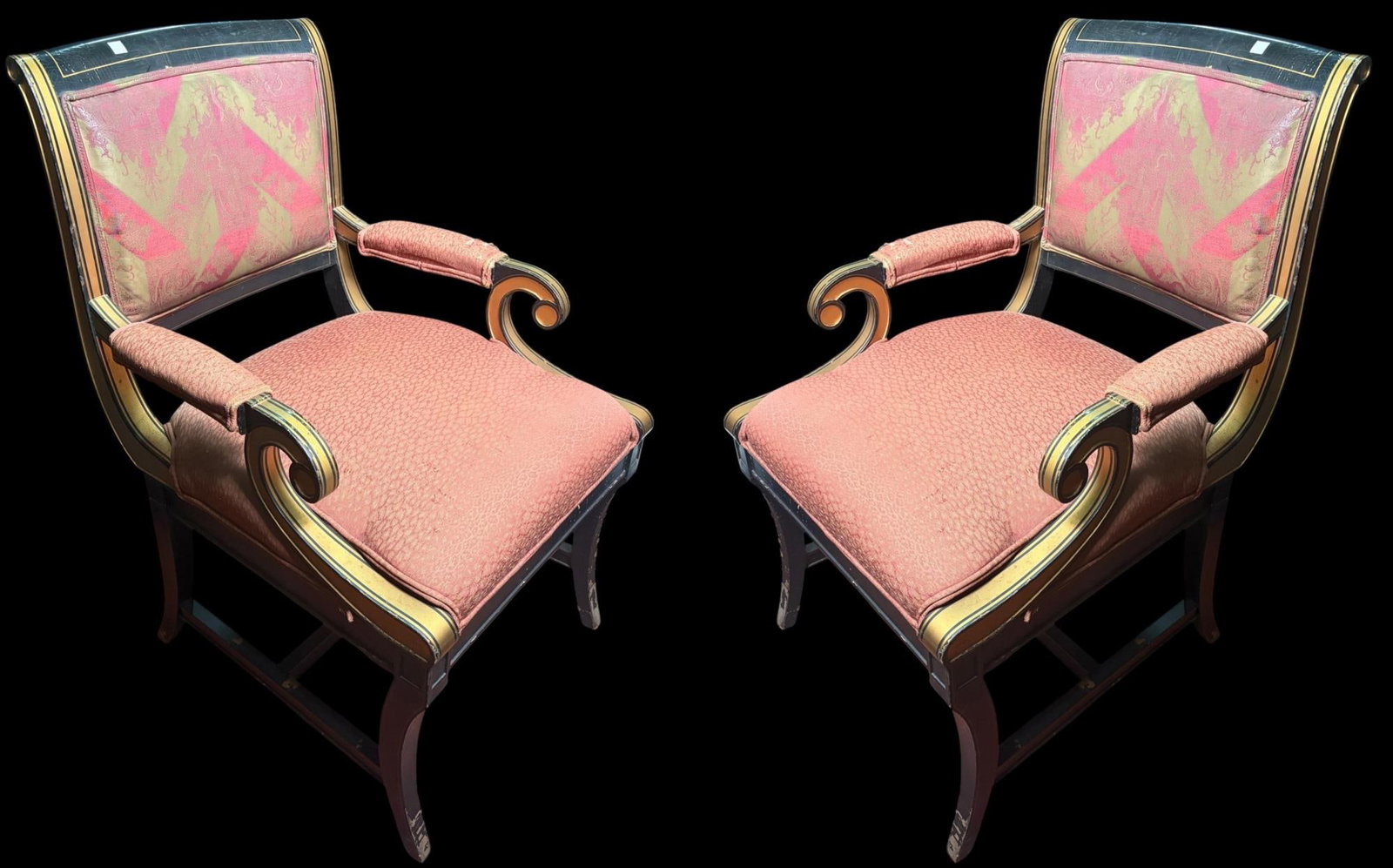 PAIR OF EMPIRE STYLE BLACK AND GOLD ARM CHAIRS: PAIR OF EMPIRE STYLE BLACK AND GOLD ARM CHAIRS Height: 37.5 in. by Width: 23 in. by Depth: 25 in.