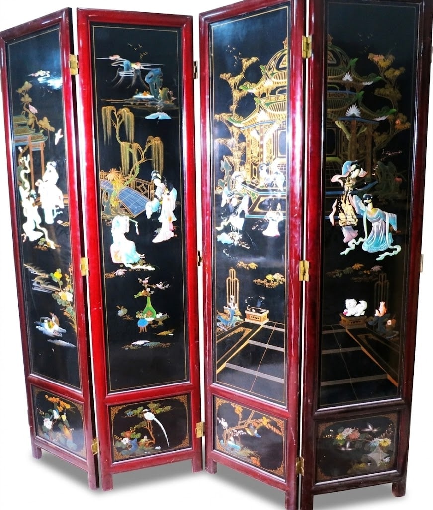 4 PANEL CHINESE SCREEN WITH HARDSTONE CARVING (1 of 4)