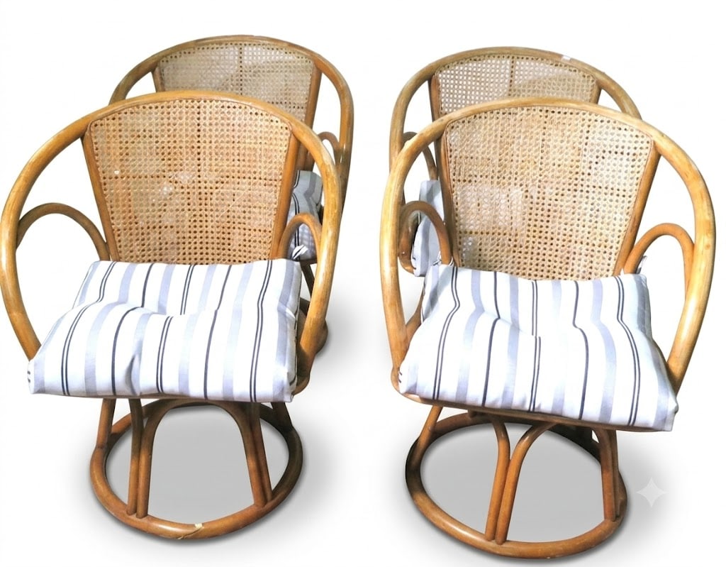 4 BAMBOO & WICKER CHAIRS ON ROUND BASE: 4 BAMBOO & WICKER CHAIRS ON ROUND BASE
