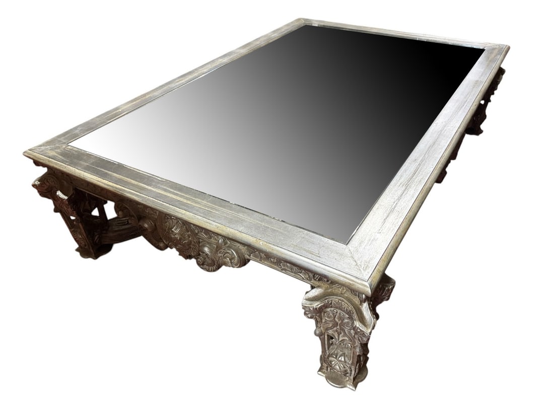 LARGE WELL-PROPORTIONED SILVER GILT COFFEE TABLE: LARGE WELL-PROPORTIONED SILVER GILT COFFEE TABLE WITH MIRRORED TOP. Height: 18 in. by Width: 72 in. by Depth: 49 in.