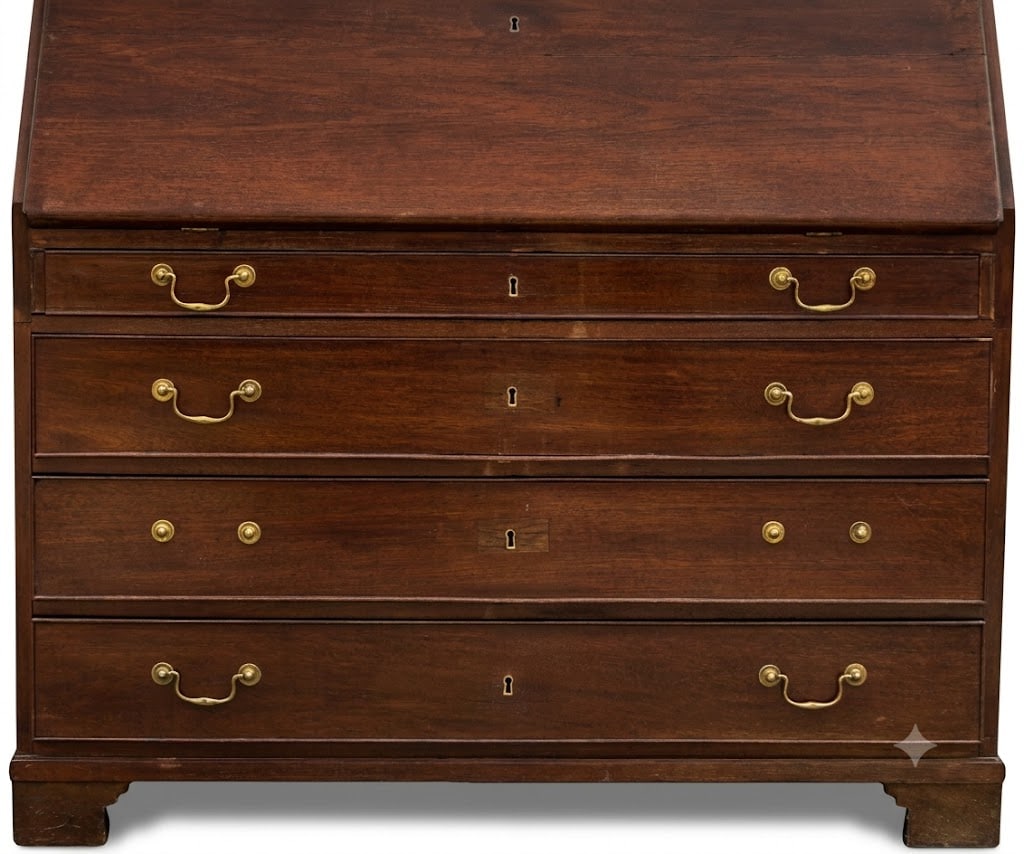 19th CENTURY GEORGIAN SLANT-FRONT DESK: 19th CENTURY GEORGIAN SLANT-FRONT DESK ON BRACKET FEE. Height: 65 in. by Width: 43 in. by Depth: 21 in.