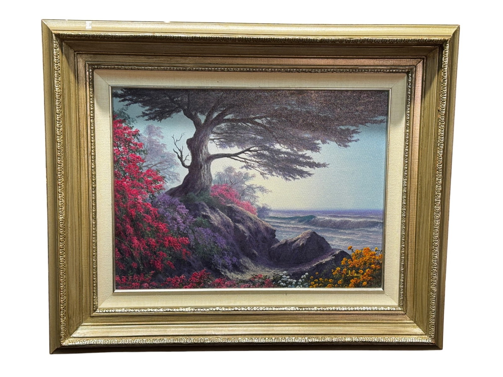 A. CASAY LANDSCAPE OIL ON CANVAS PAINTING: A. CASAY LANDSCAPE OIL ON CANVAS PAINTING IN SILVER GILT FRAME. Height: 28 in. by Width: 34 in. by Depth: 1.5 in.