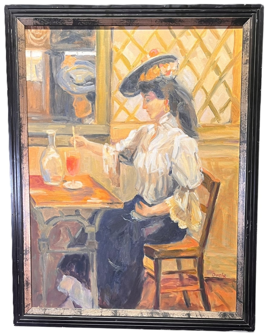 "IN THE CAFE" PAINTING BY ISSAC ISZAELS: "IN THE CAFE" PAINTING BY ISSAC ISZAELS. Height: 45 in. by Width: 34.5 in.