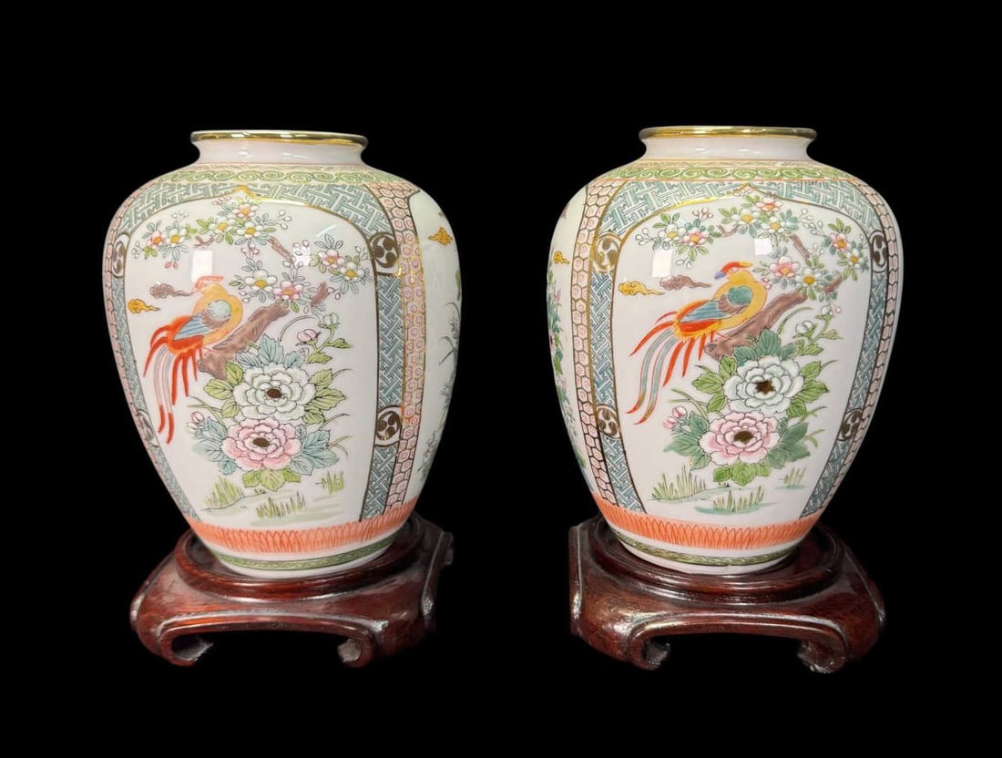 3 - ASIAN STYLE VASES. 1- 9.5"X5" & MATCHING PAIR: 3 - ASIAN STYLE VASES. 1- 9.5"X5", MATCHING PAIR ON STANDS 8.5"X6". Height: 9.5 in. by Width: 5 in.