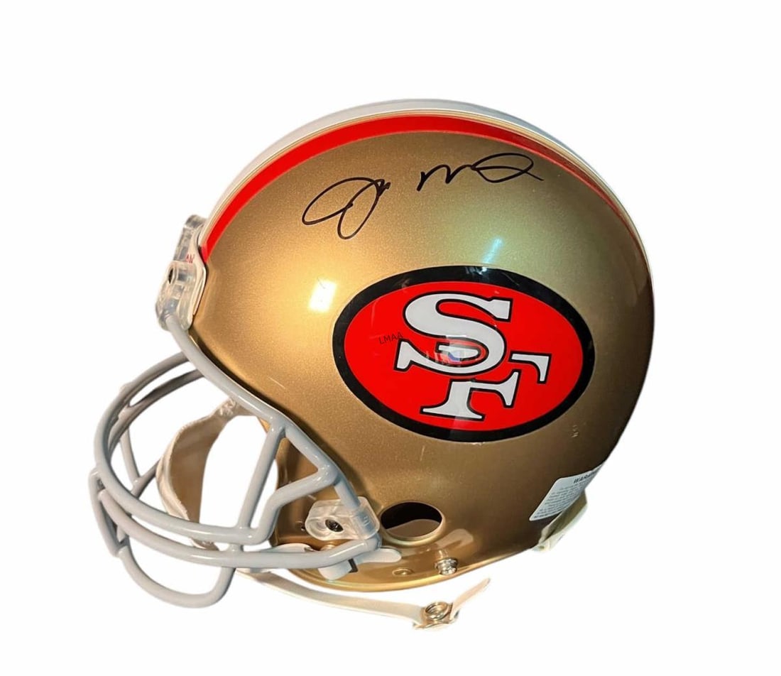 JOE MONTANA AUTOGRAPHED SF 49ERS HELMET: JOE MONTANA AUTOGRAPHED SAN FRANCISCO 49ERS HELMET. FULL SIZE. 4.06 lbs. Height: 10 in. by Width: 13 in. by Depth: 9 in.