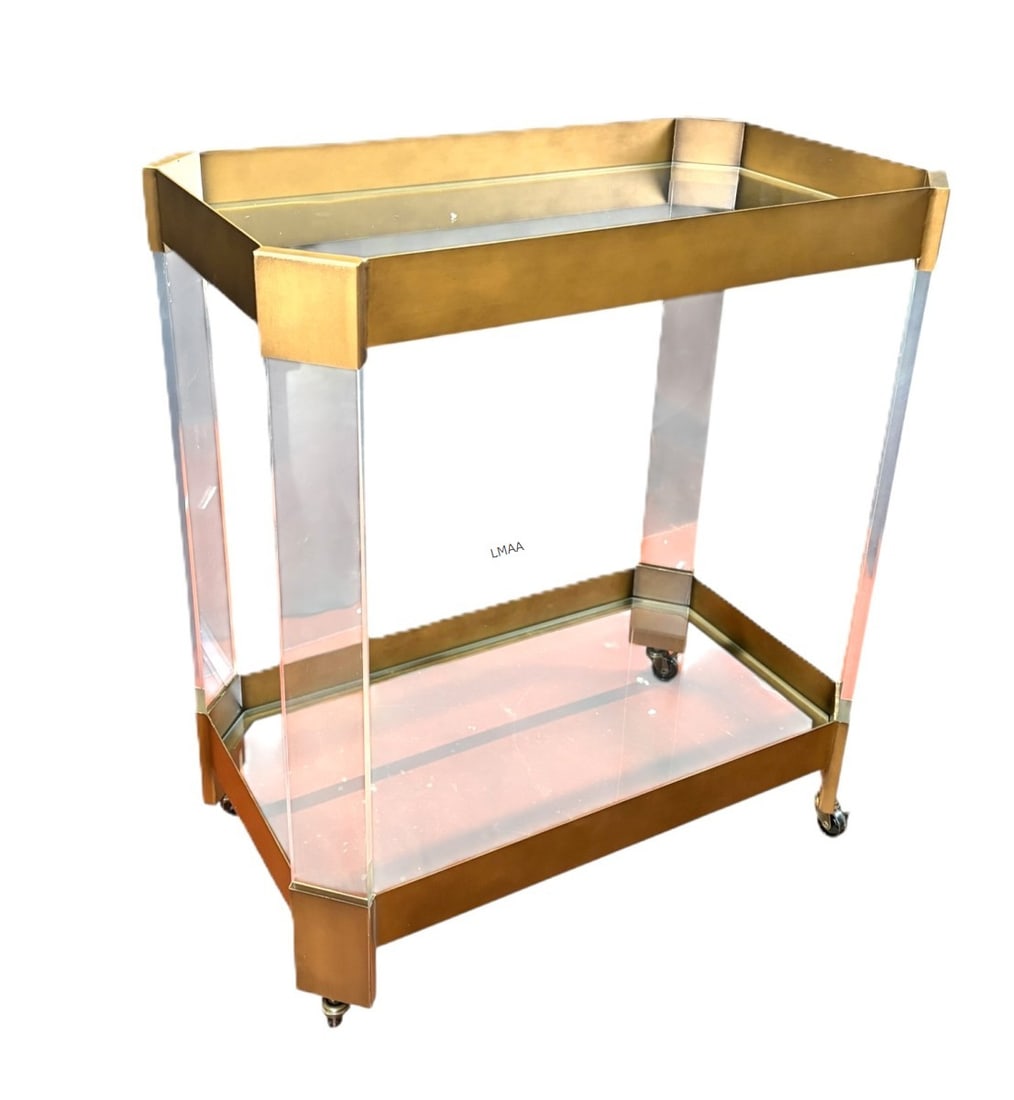 GOLD METAL LUCITE AND GLASS BAR CART: GOLD METAL LUCITE AND GLASS BAR CART. Height: 32 in. by Width: 24.5 in. by Depth: 16.5 in.