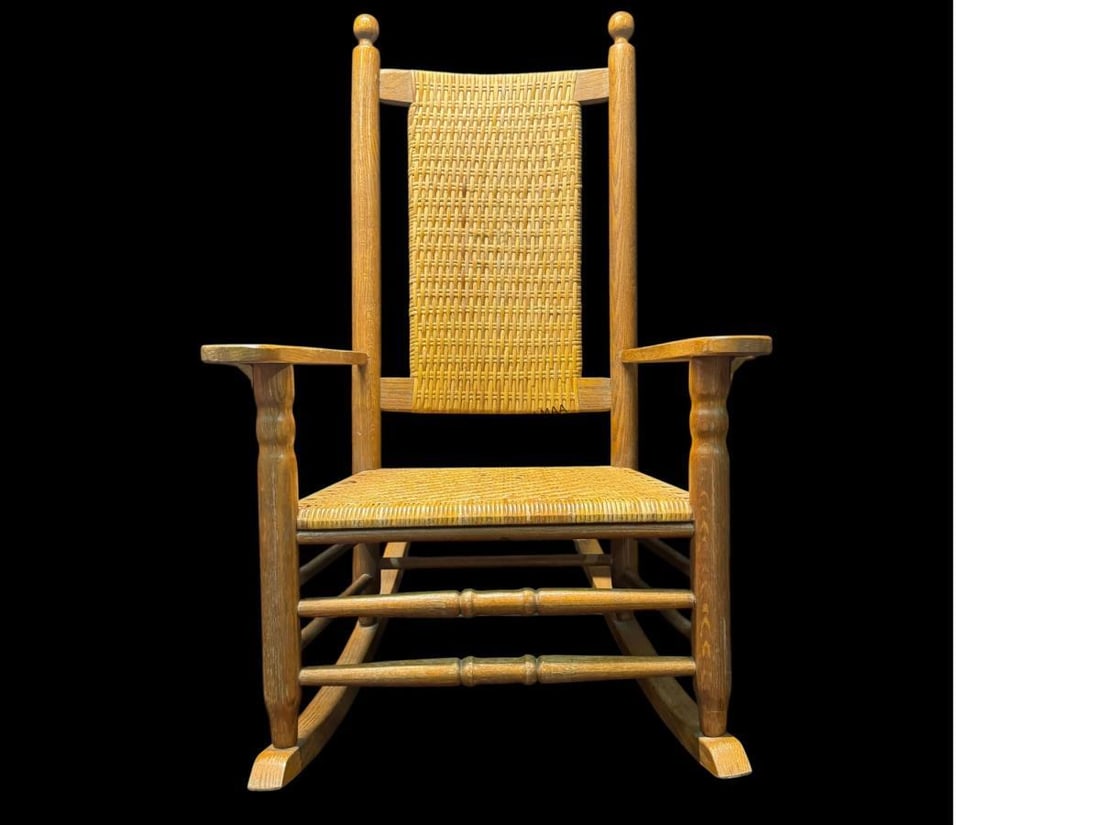 2 - CLASSIC AMERICAN ROCKING CHAIRS: 2 - CLASSIC AMERICAN MISSION / ARTS & CRAFTS STYLE OAK ROCKING CHAIRS WITH WOVEN CANE SEAT AND BACK Height: 43 in. by Width: 27.5 in. by Depth: 35