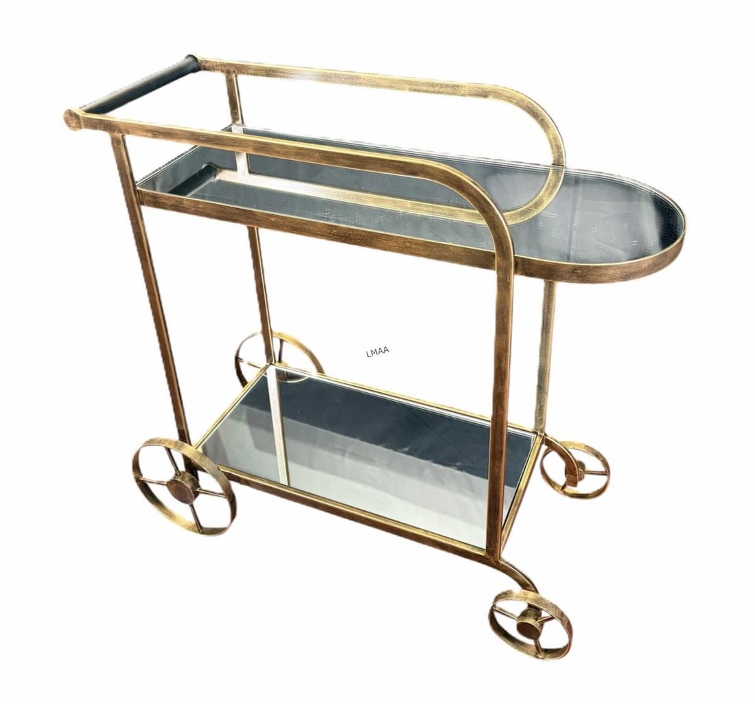 GOLD METAL AND BLACK ACCENT BAR CART: GOLD METAL AND BLACK ACCENT BAR CART WITH MIRRORED GLASS Height: 36 in. by Width: 38 in. by Depth: 13. 5 in.